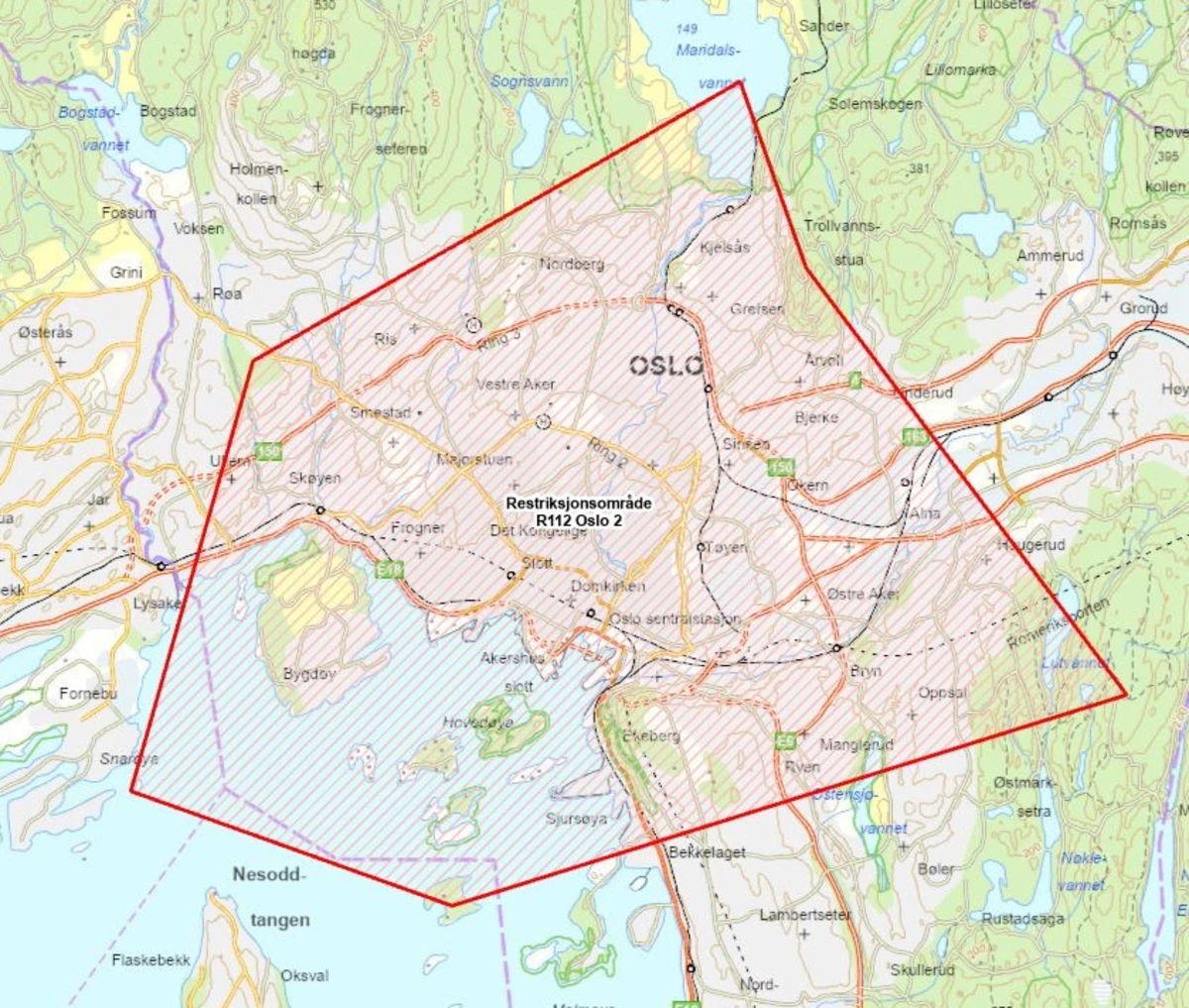 Det midlertidige restriksjonsområdet gjeldende fra 09.10.15 kl.16:00 til 12.10.25 kl.09:00. Kartutsnitt.